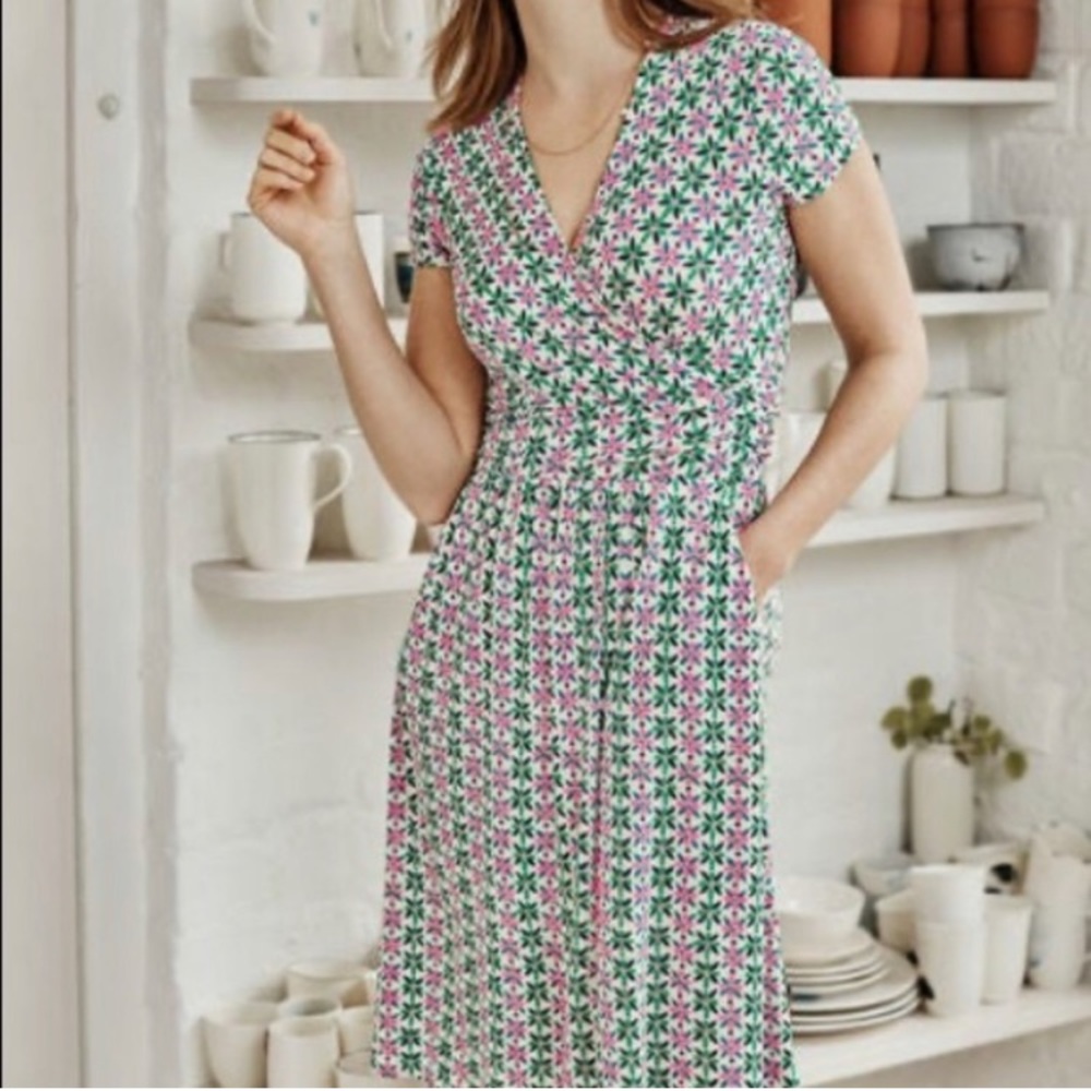 Boden Pink and Green Floral Wrap Dress
